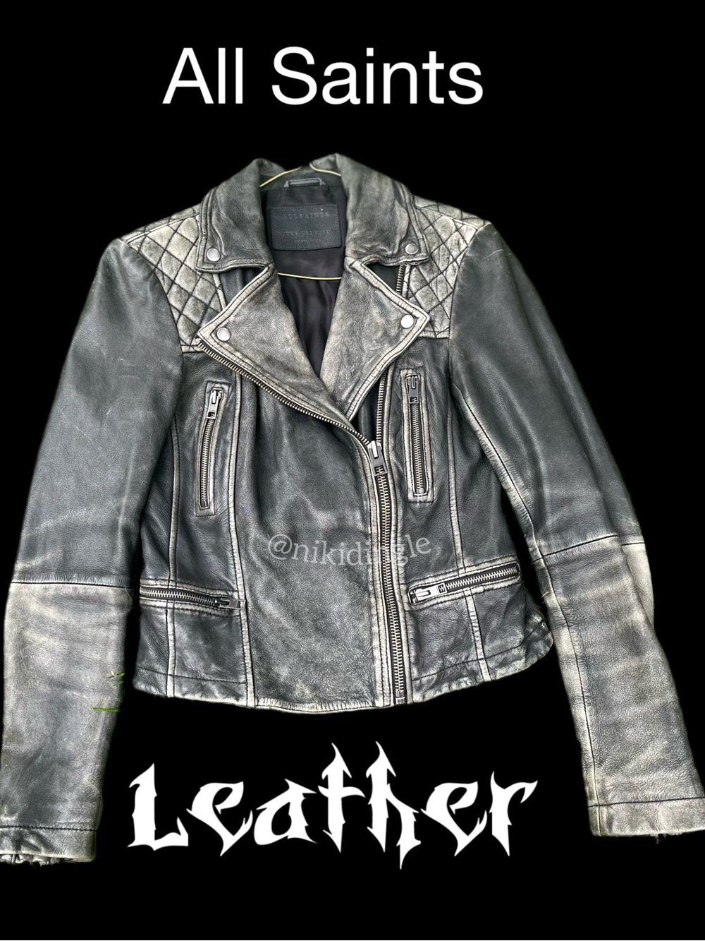 All Saints Cargo Distressed Leather Biker Moto Jacket Quilted XS 2 Vintage y2k